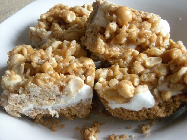 Salted Nut Roll Bars by Nutmeg Nanny Salted Nut Roll Bars in a small white bowl.