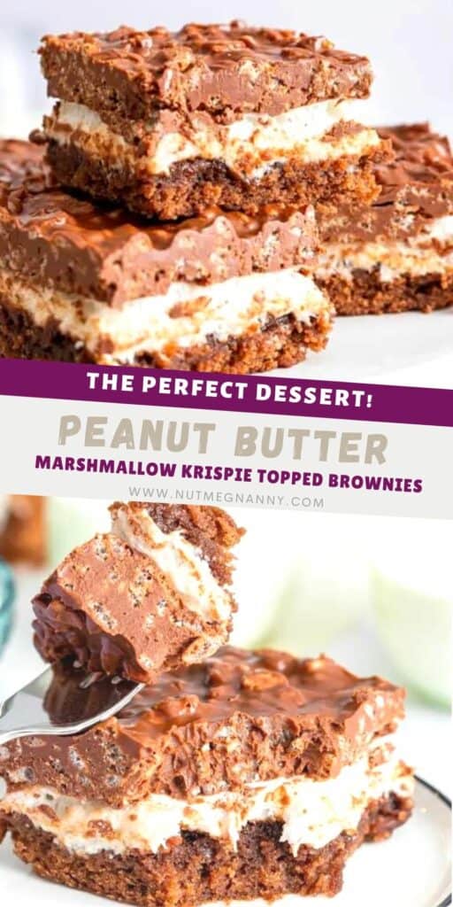 Peanut Butter Marshmallow Krispie Topped Brownies pin for Pinterest.