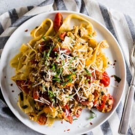 This summer Bolognese is packed full of fresh pasta, tomatoes, basil, zucchini, white wine and ground turkey. It's light and flavorful and perfect for summer. Plus it's ready in just 25 minutes!