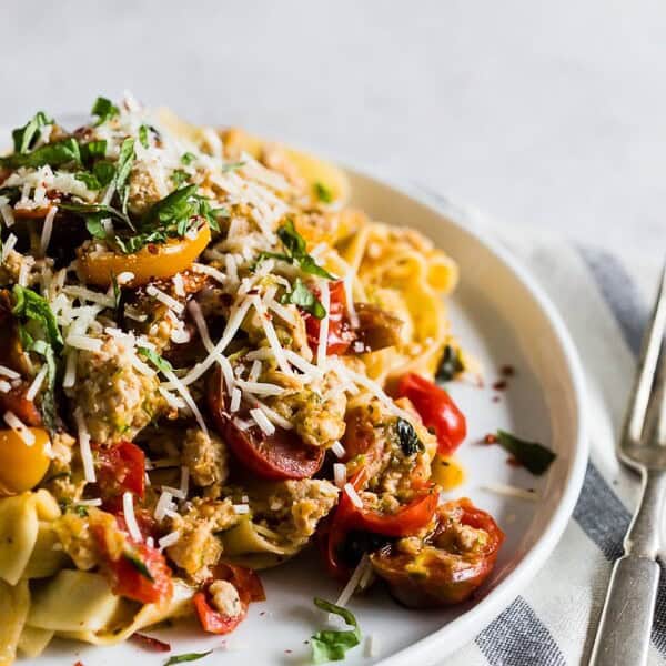 This summer Bolognese is packed full of fresh pasta, tomatoes, basil, zucchini, white wine and ground turkey. It's light and flavorful and perfect for summer. Plus it's ready in just 25 minutes!