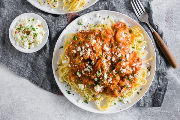 Shrimp Feta Pasta served with extra feta. 