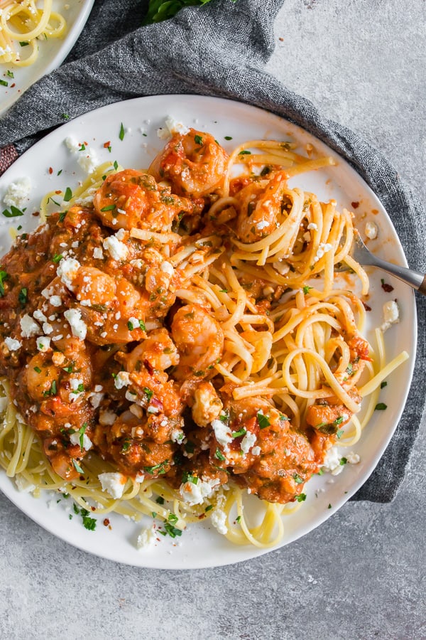 Shrimp Feta Pasta served with a fork. 