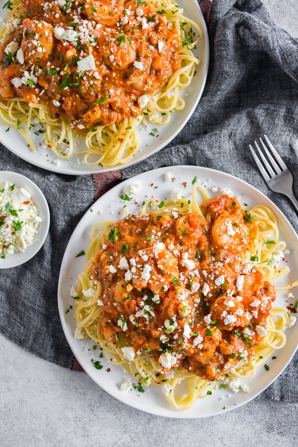 Shrimp Feta Pasta on 2 plates. 