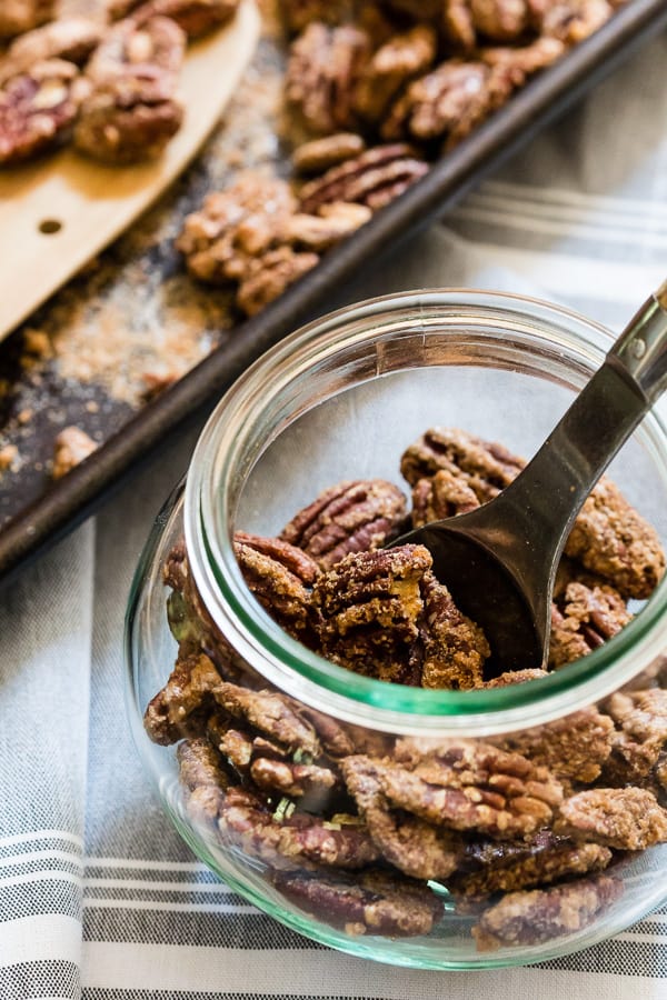 Praline Pecans in a jar.