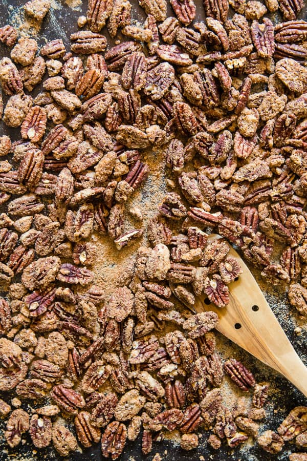 Praline Pecans on a sheet pan.