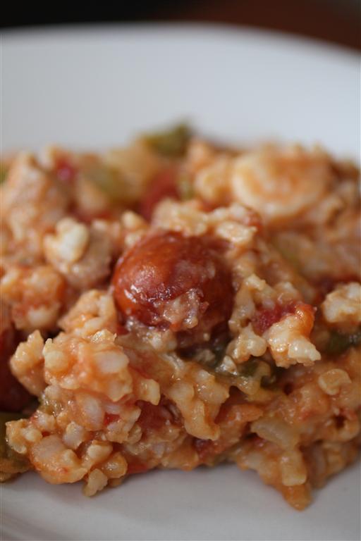 Spicy Jambalaya served on a plate. 