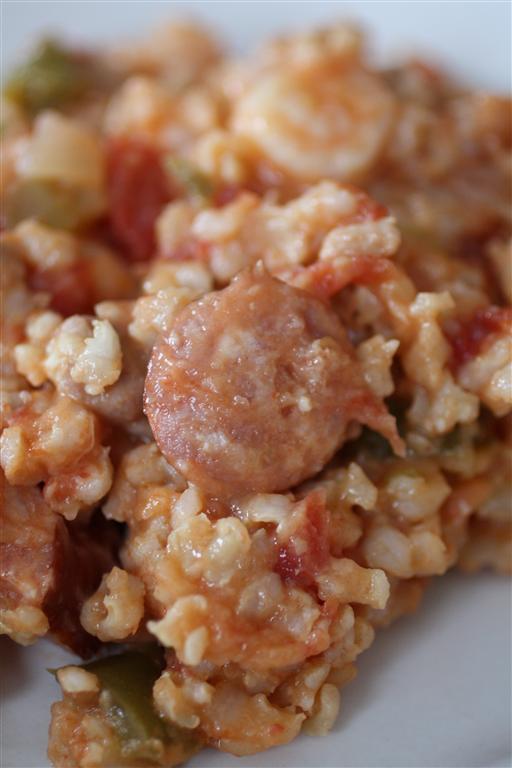 Spicy Jambalaya on a small plate. 