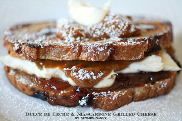 Dulce de Leche and Mascarpone Grilled Cheese by Nutmeg Nanny A sweet dessert grilled cheese that is perfect for dessert. Layered with dulce de leche, mascarpone cheese and raspberry jam.