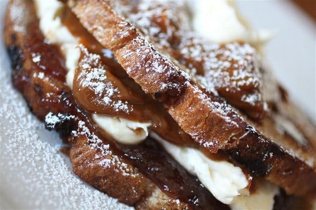 The Bianca Dessert Grilled Cheese by Nutmeg Nanny A sweet dessert grilled cheese that is perfect for dessert. Layered with dulce de leche, mascarpone cheese and raspberry jam.