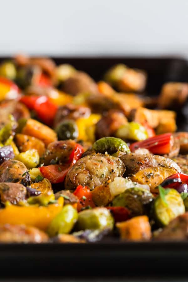 This sheet pan chicken sausage and vegetables is the perfect weeknight meal. It's hearty, full of vegetables and ready in no time. Plus there is only one sheet pan to clean up! Your whole family will love this dish! 