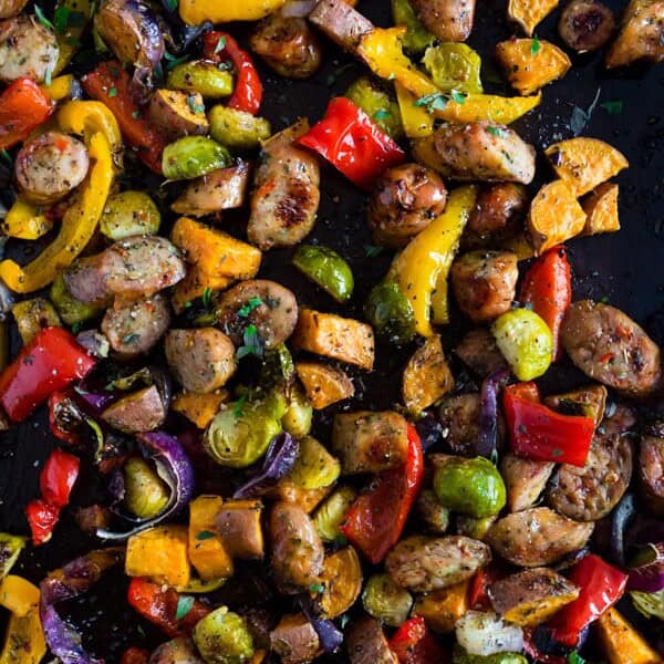 This sheet pan chicken sausage and vegetables is the perfect weeknight meal. It's hearty, full of vegetables and ready in no time. Plus there is only one sheet pan to clean up! Your whole family will love this dish! 