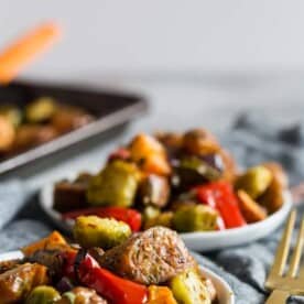 This sheet pan chicken sausage and vegetables is the perfect weeknight meal. It's hearty, full of vegetables and ready in no time. Plus there is only one sheet pan to clean up! Your whole family will love this dish! 