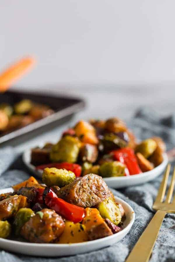 This sheet pan chicken sausage and vegetables is the perfect weeknight meal. It's hearty, full of vegetables and ready in no time. Plus there is only one sheet pan to clean up! Your whole family will love this dish! 