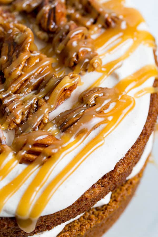 A close up of the top of the Maple Gingerbread Layer Cake.