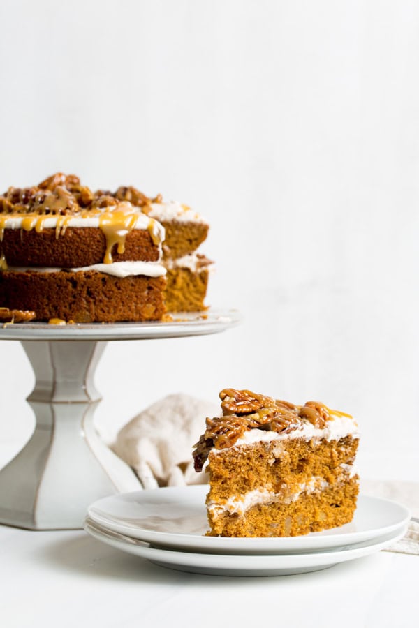 Maple Gingerbread Layer Cake on a cake tower.
