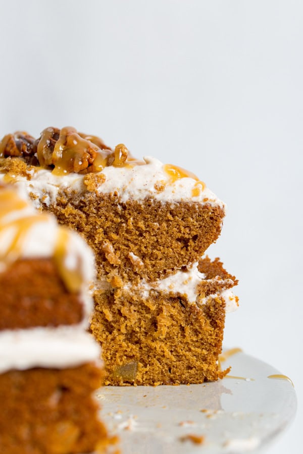 Maple Gingerbread Layer Cake sliced to show the layers.