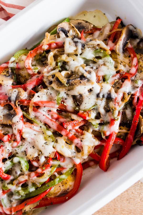 Lightly Smothered Chicken in a casserole dish. 