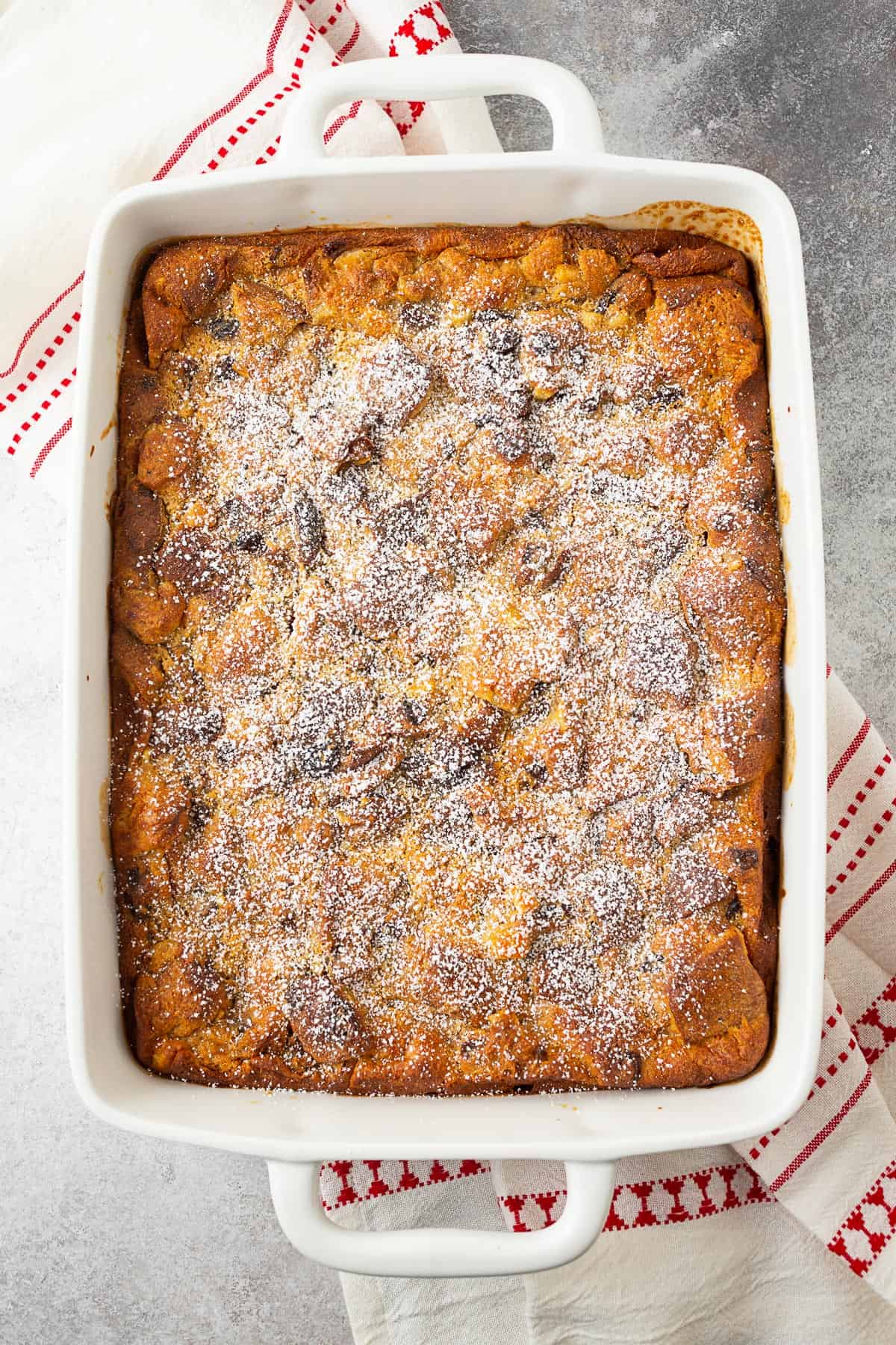 Fully baked Panettone Bread Pudding in a 9x13 pan. 
