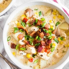 This creamy chicken corn chowder is packed full of chicken, sweet corn and lots of crispy bacon. Perfect for cool fall days and cold winter nights. Plus it's ready in under an hour! 