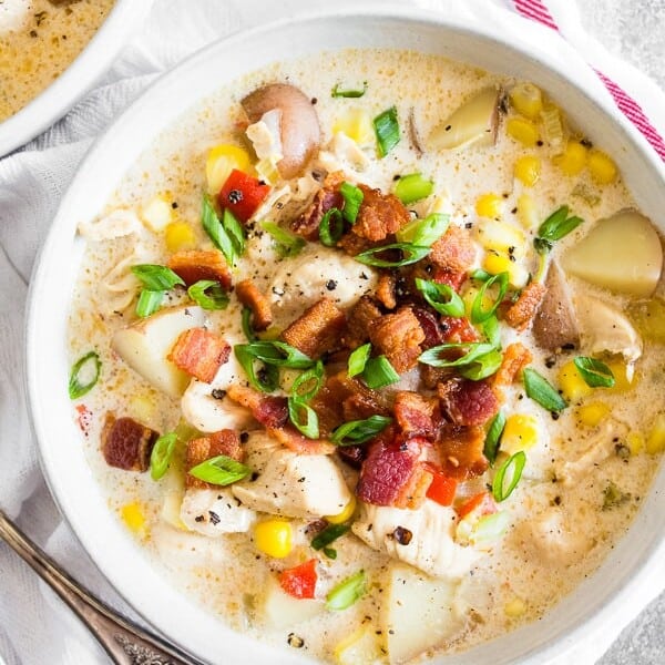 This creamy chicken corn chowder is packed full of chicken, sweet corn and lots of crispy bacon. Perfect for cool fall days and cold winter nights. Plus it's ready in under an hour! 