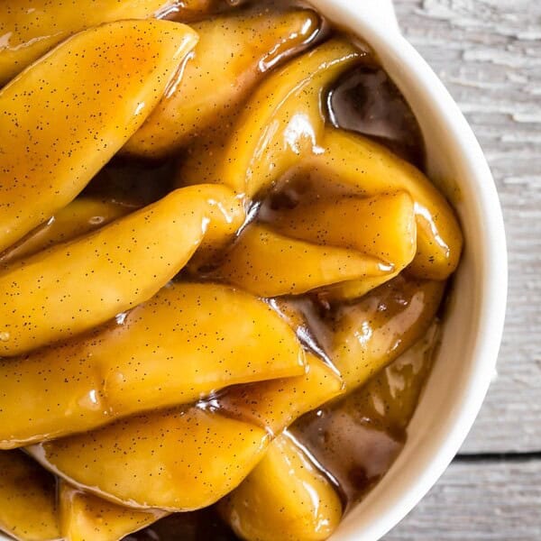 vanilla spiced apples in a white bowl