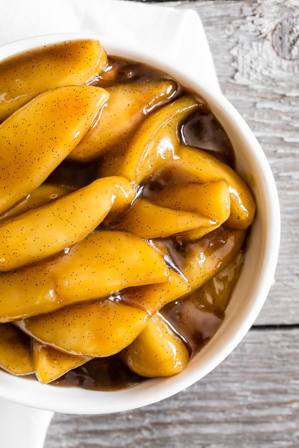Vanilla Spiced Apples in a white bowl.