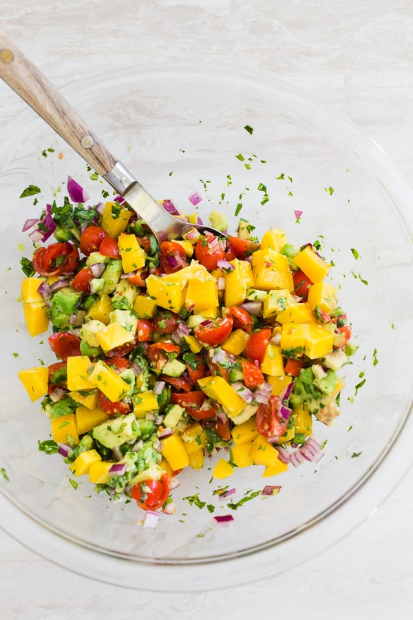 Avocado mango salsa in a bowl