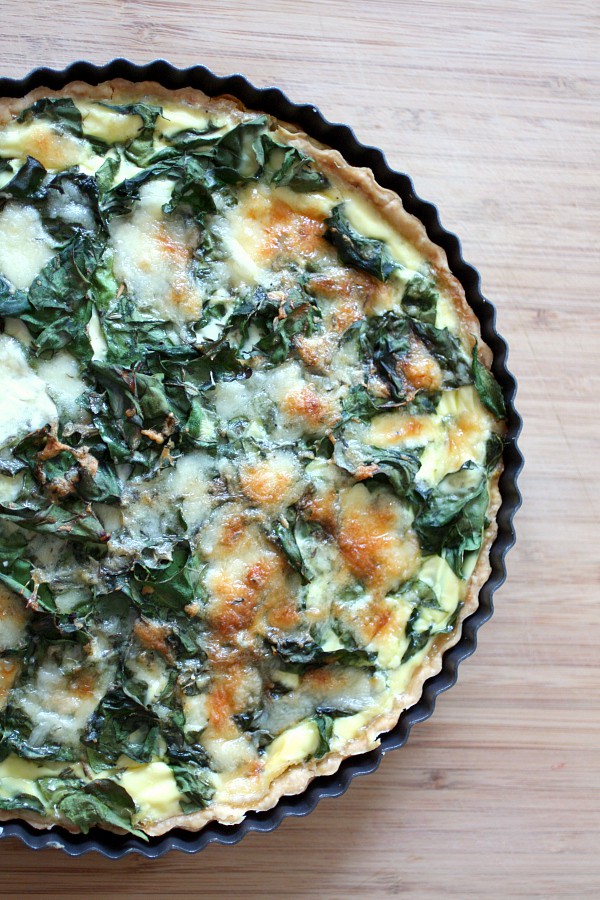 Swiss Chard, Leek and Gruyere Quiche by Nutmeg Nanny Swiss Chard Leek Quiche in a tart pan.