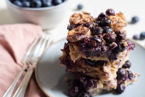 baked blueberry yogurt stacked on a plate