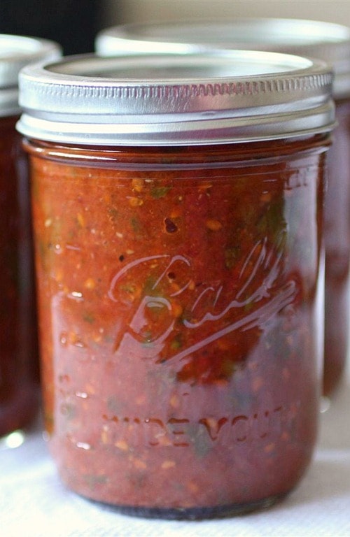 Roasted Garlic Tomato Sauce in a canning jar. 