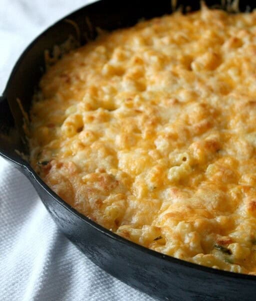 This flavor packed poblano macaroni and cheese recipe is packed full of roasted poblano peppers, lots of cheese and just a hint of zesty lime.