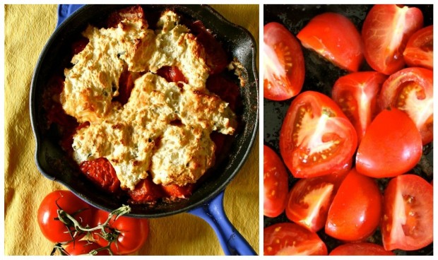 tomato cobbler on a table with another picture of tomatoes. 