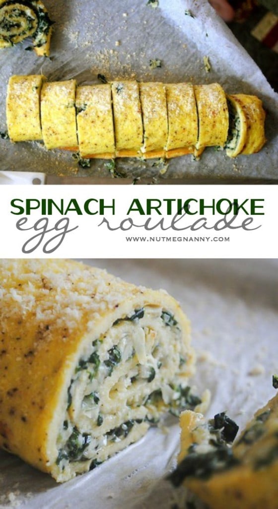 Spinach Artichoke Egg Roulade pin for Pinterest. 