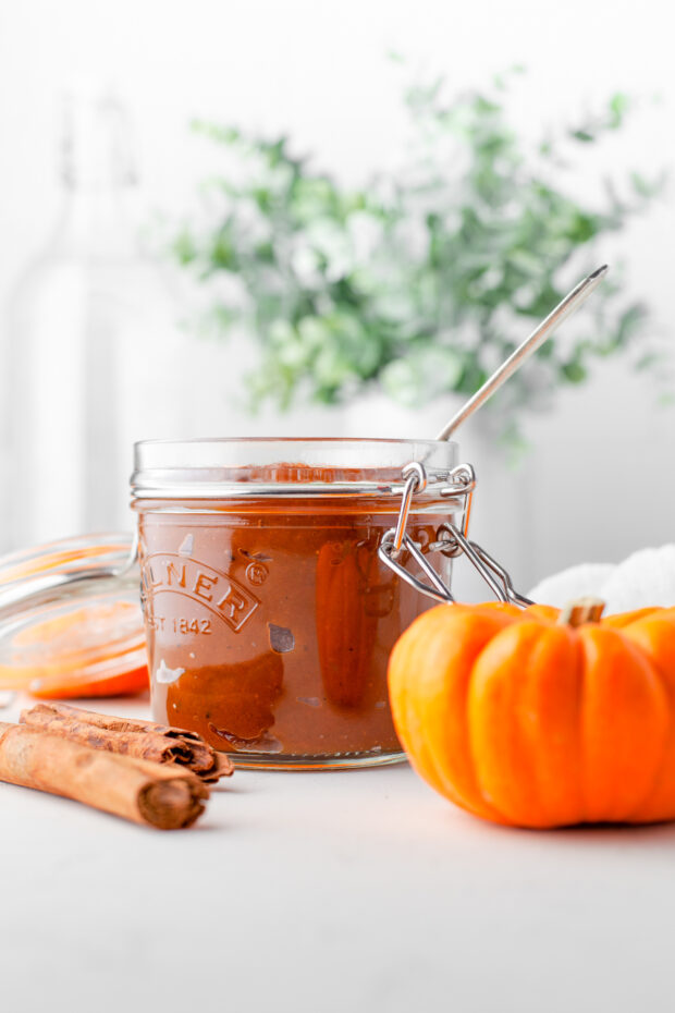 Homemade Pumpkin Butter in a glass jar. 