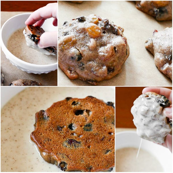 a collage of fruit cake cookies getting dipped in glaze