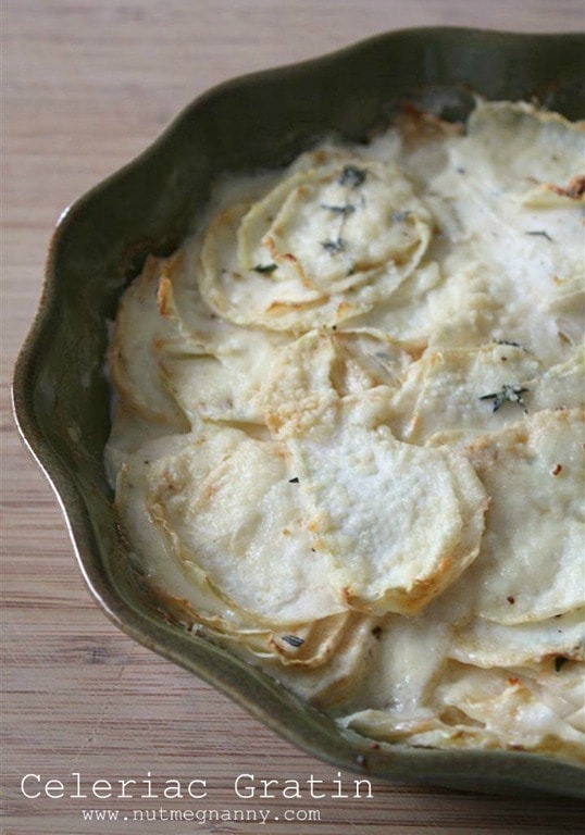 This simple celeriac gratin gives some love to the often forgotten celeriac root. Super flavorful and packed full of Parmesan cheese and lots of fresh thyme. This simple celeriac gratin gives some love to the often forgotten celeriac root. Super flavorful and packed full of Parmesan cheese and lots of fresh thyme.