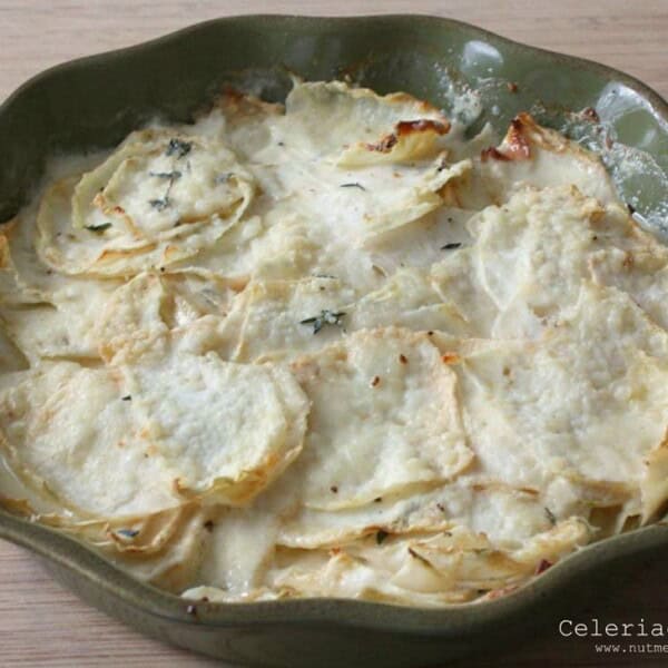 This simple celeriac gratin gives some love to the often forgotten celeriac root. Super flavorful and packed full of Parmesan cheese and lots of fresh thyme.