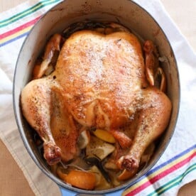 This classic roast chicken turns out perfect every single time. Stuffed with lots of fresh lemon, rosemary, thyme, sage and seasoned with just salt and pepper. It's classic flavors at it's best.