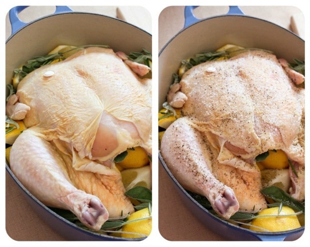seasoned and unseasoned whole chicken in a dutch oven. 