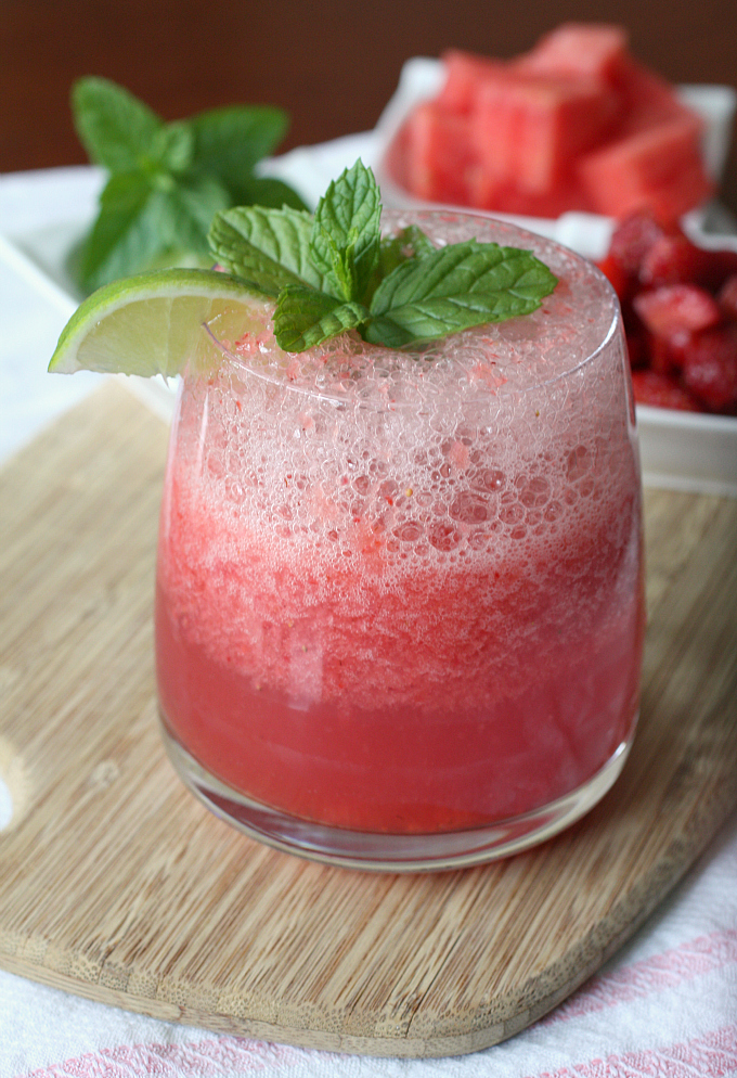 Strawberry Watermelon Agua Fresca by Nutmeg Nanny This strawberry watermelon agua fresca is the perfect non-alcoholic hot weather treat. It's made from fresh fruit, lime, seltzer and just a little sugar.