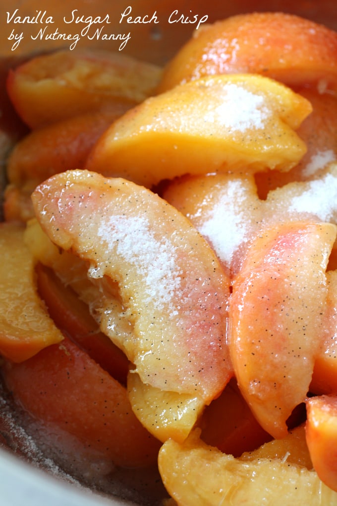 Vanilla Sugar Peach Crisp by Nutmeg Nanny This vanilla sugar peach crisp is baked in tiny mason jars and is the perfect combo of peaches and sweet vanilla sugar. Eat warm out of the oven or with a scoop of vanilla ice cream.