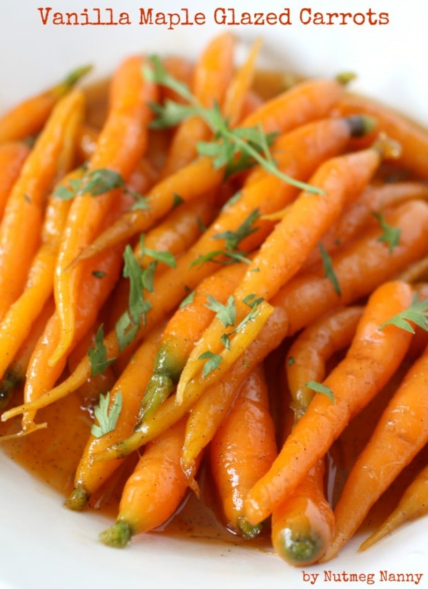 These sweet vanilla maple glazed carrots are the perfect addition to your dinner or holiday table. Cooked in just around 15 minutes and full of maple syrup and vanilla bean flavor.