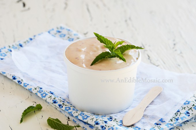 Instant Peach Frozen Yogurt serve with mint. 