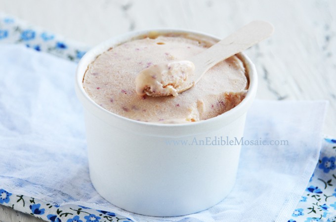 Instant Peach Frozen Yogurt in a small cardboard container. 