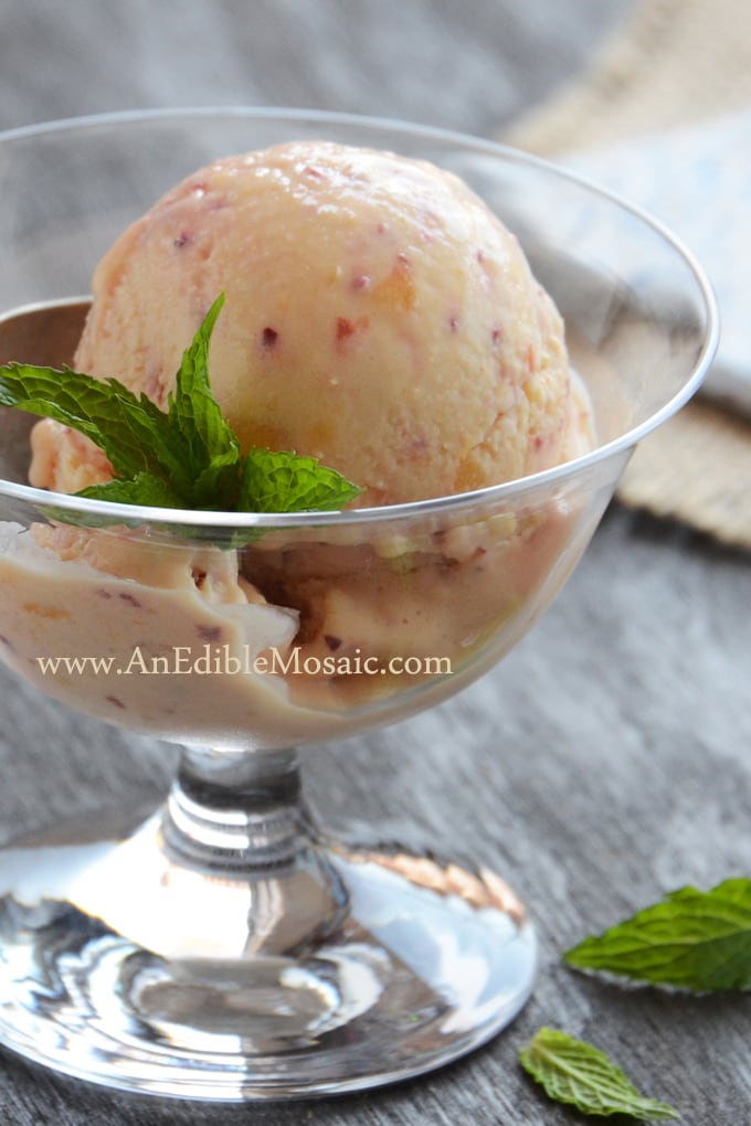 Instant Peach Frozen Yogurt in a glass ice cream dish. 