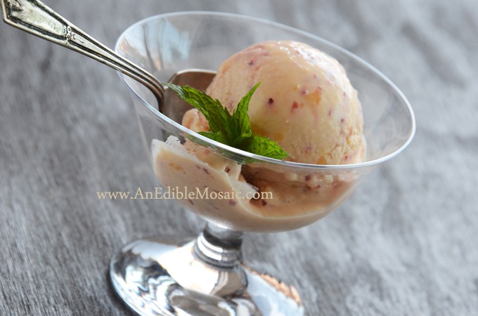 Instant Peach Frozen Yogurt in a small glass bowl. 