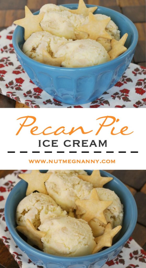 This pecan pie ice cream tastes just like pie but in ice cream form! Delicious vanilla ice cream mixed with a sweet pecan pie filling and decorated with little pie crust cookies. You'll love this sweet ice cream treat!