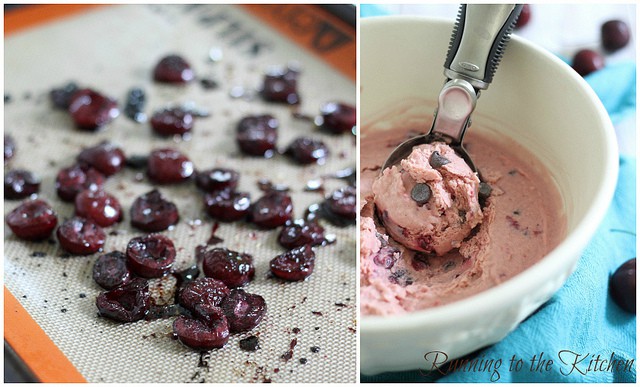 Roasted Cherry Chocolate Chip Frozen Yogurt cherries on a sheet pan. 