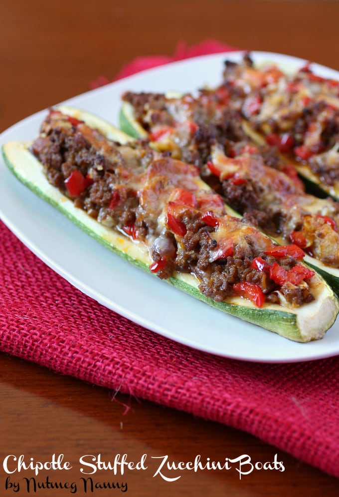 Chipotle Stuffed Zucchini Boats on a plate. 