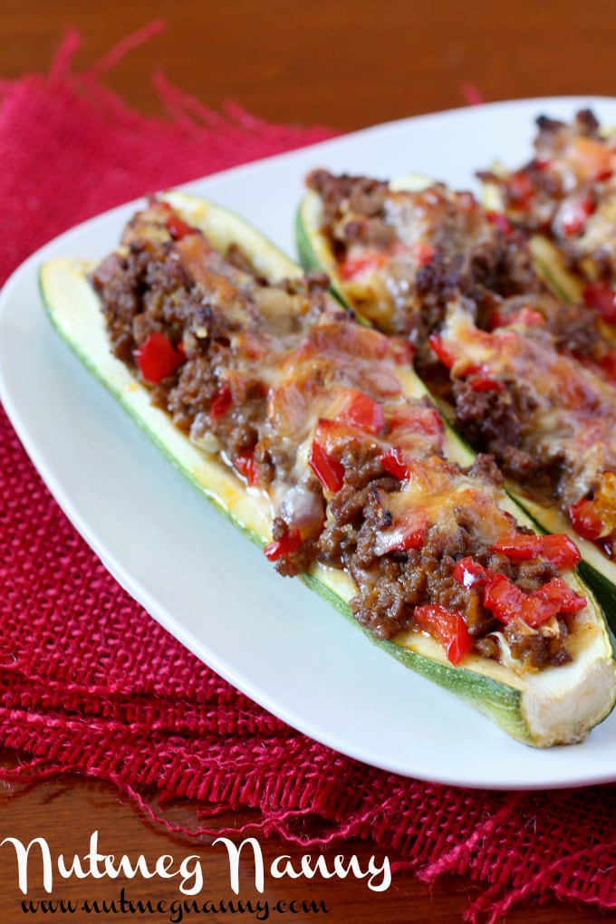 Chipotle Stuffed Zucchini Boats on a white plate. 
